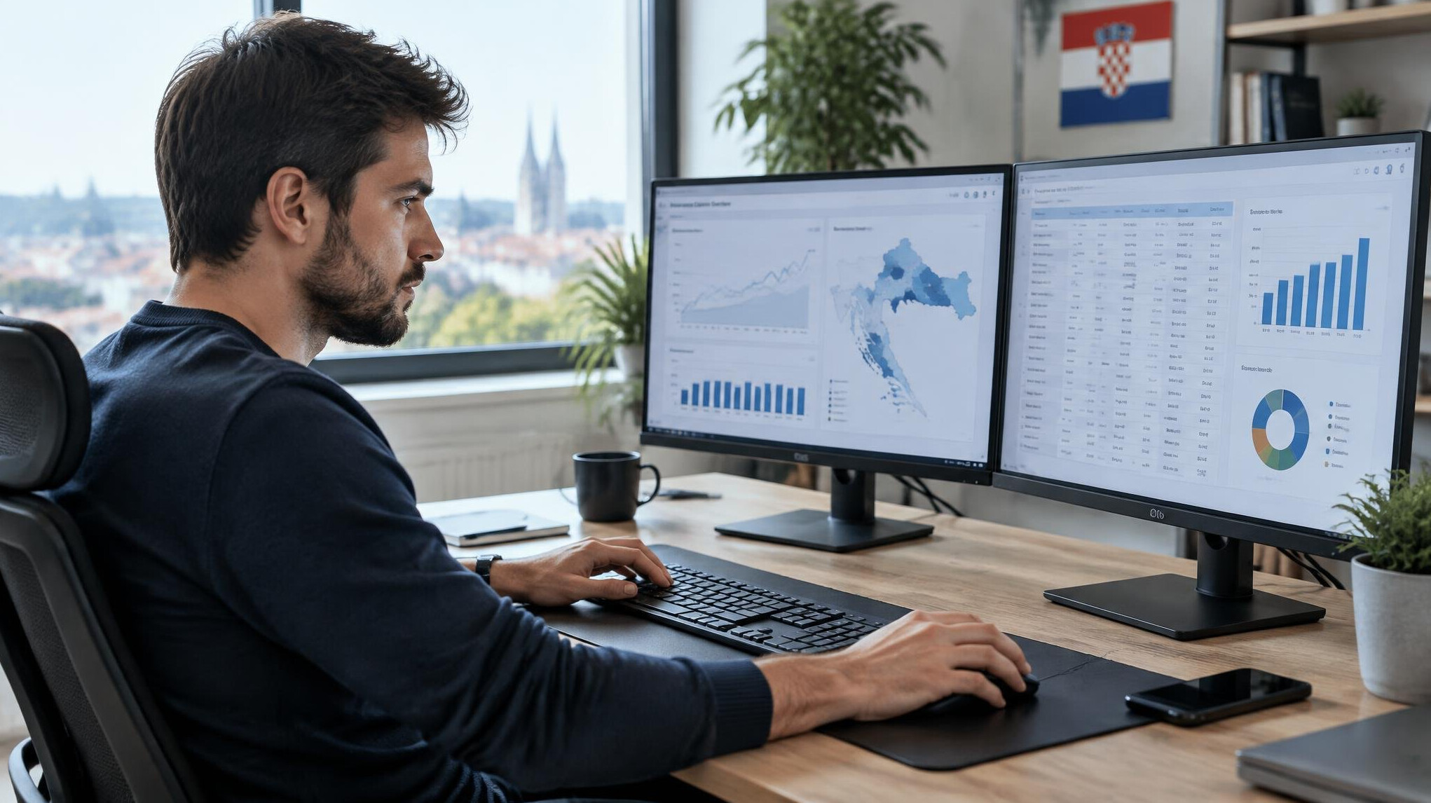 Developer analyzing insurance policy data on dual monitors
