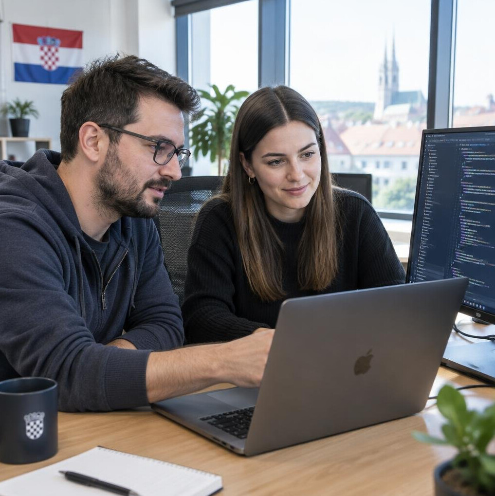 Two Croatian software engineers pair programming at a desk