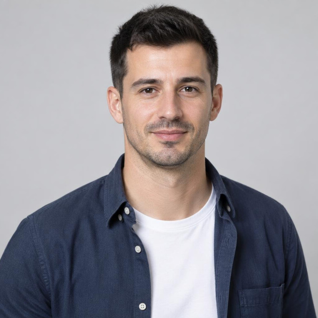 Studio portrait of a Croatian man in his early 30s, backend engineer