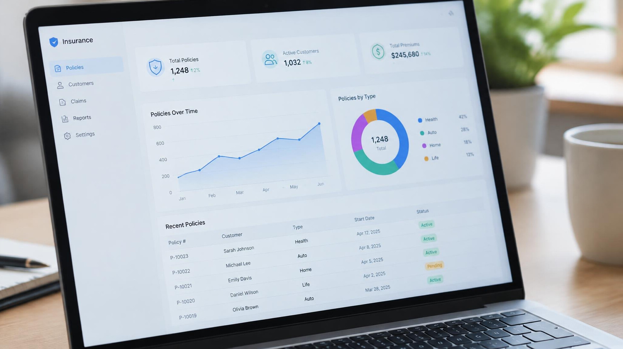 Laptop screen displaying a modern insurance data dashboard interface
