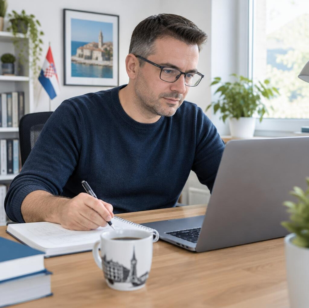 Croatian man writing technical documentation at his desk